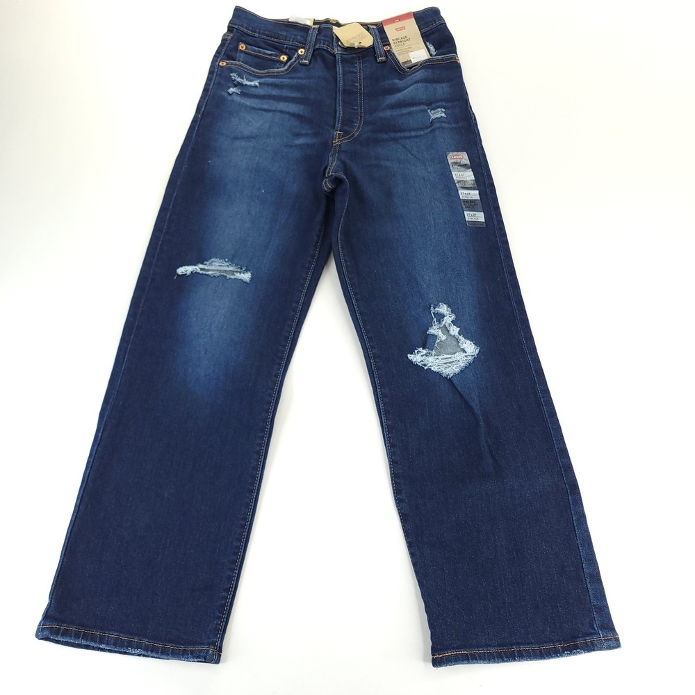 Levis Jeans Womens 27x27 Blue Ribcage Straight Ankle Dark Wash  Distressed ~2